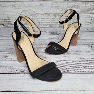 Open Toe Ankle Strap Block Heel Sandals Black Suede | Size 9 *New*